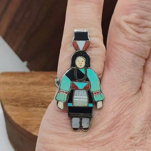 Vtg Zuni Signed Madeline Beyuka Olla Maiden Sterling Inlay Gemstone Ring Sz 7.5 - Picture 2 of 9